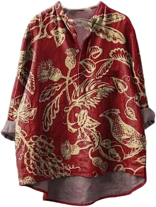 TIAFORD Women Fall Boho Floral Print Long Sleeve Blouses Tops Dressy Casual V Neck Button Down Shirts Plus Size Work Clothes