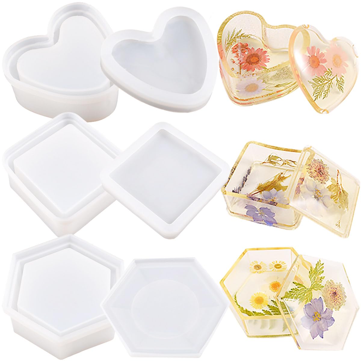3 PCS Silicone Box Resin Moulds Heart Hexagon Square Storage Box Mould Cube Jewelry Pen Holder Epoxy Molds Box Resin Mold with Lid Trinket Box Mold for Making Resin Casting DIY Crafts