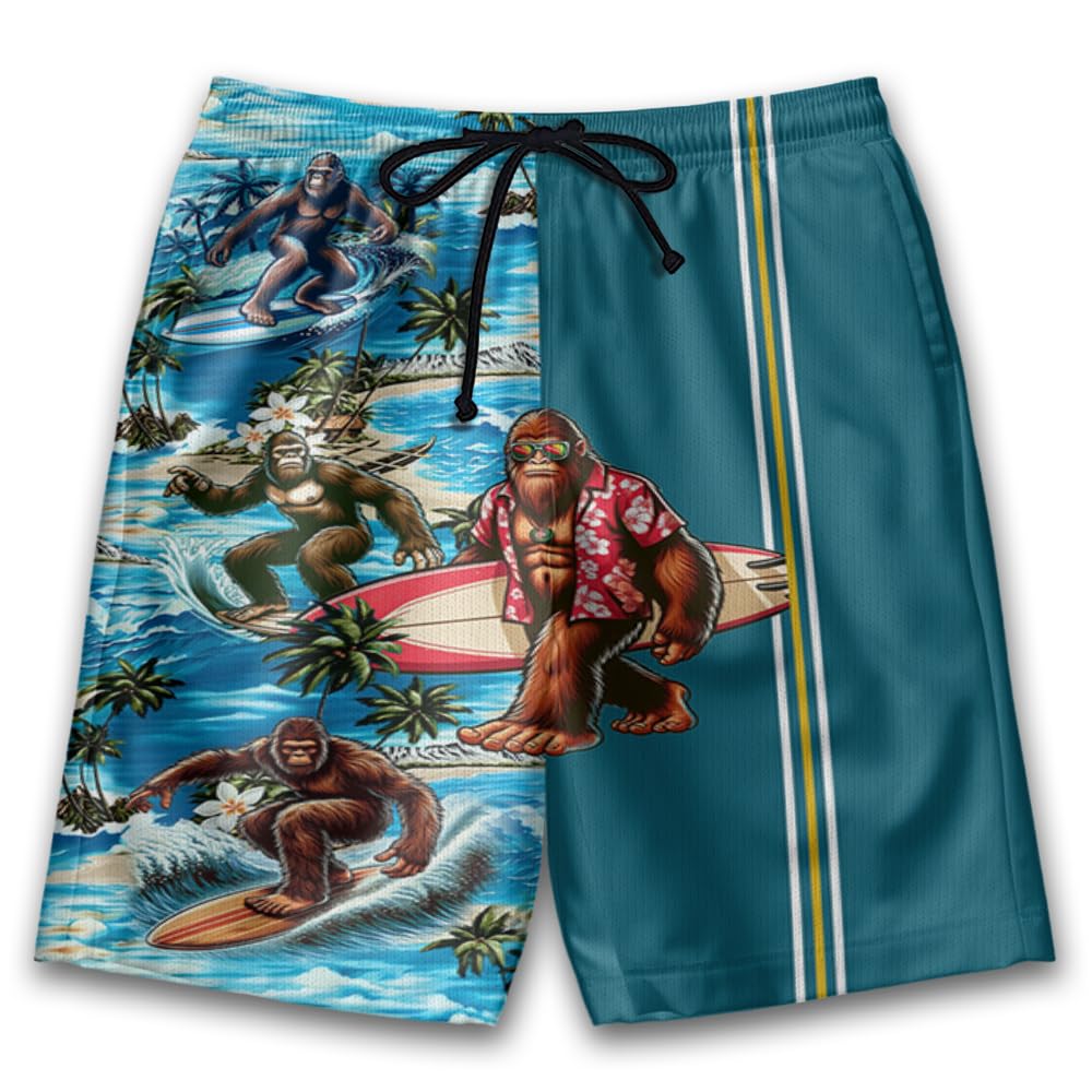 Sasquatch Bigfoot Mens Swim Trunks - Surf Tropical Hawaiian Mens Shorts - Summer Drawstring Beachwear Shorts Series 106 Size L