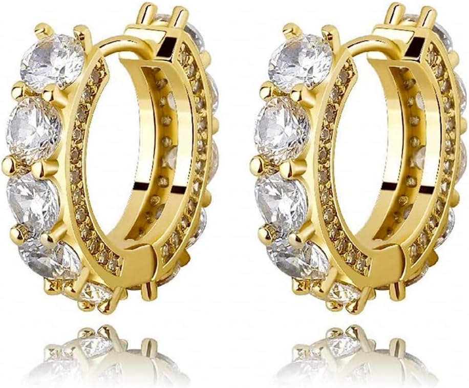 Men's Women's Elegant Fully Iced Cz Unisex Yellow Gold Plated 925 Sterling Silver Post Hoops Big Stone Cubic Zirconia For Sensitive Ears Hypoallergenic 12mm Huggie Hoop Earrings Jewelry Gift For Men And Women