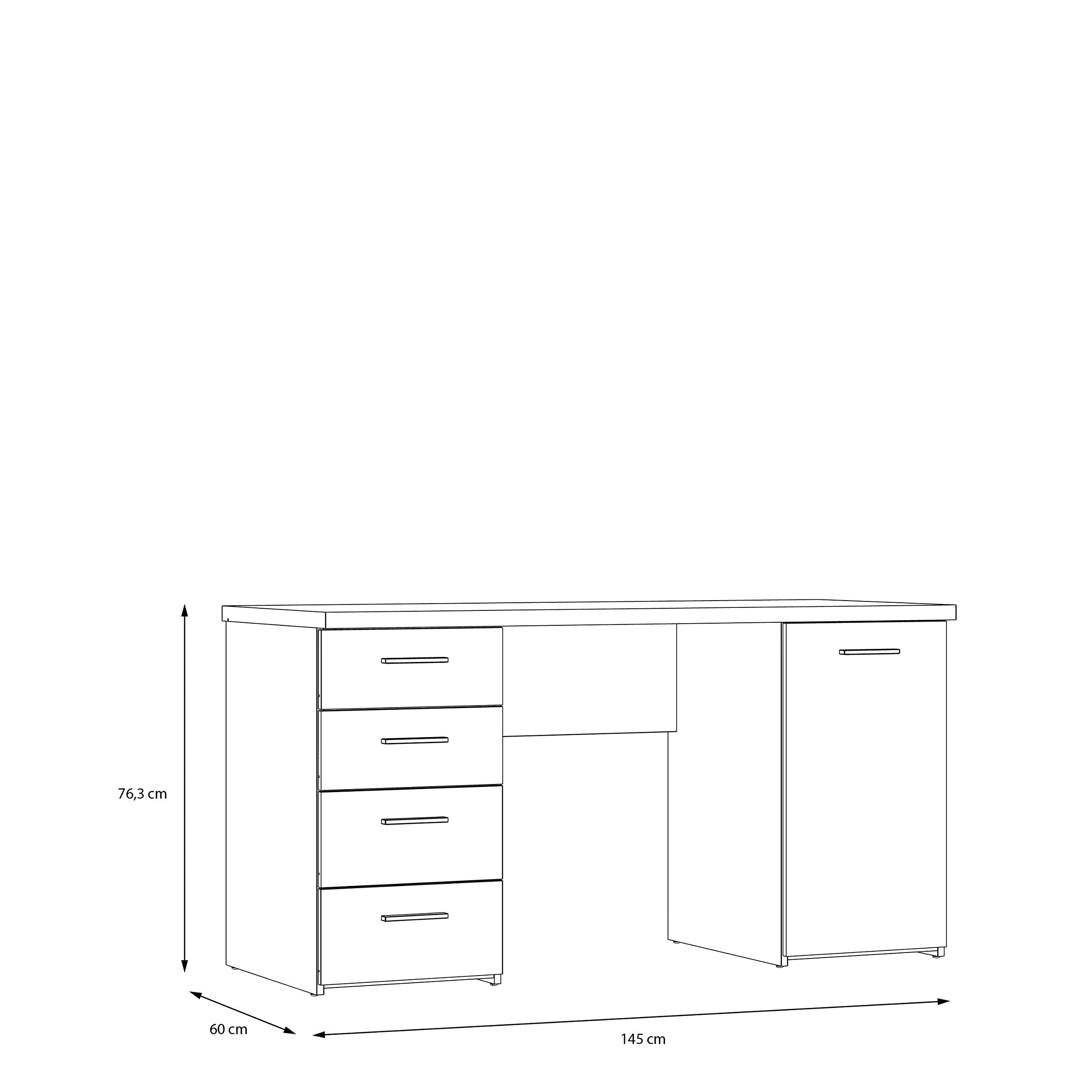 Forte NET106 Schreibtisch 140 150, Schreibtisch mit 4 Schubladen und 1 Tür, Home Office, Büro, Computertisch, Holzwerkstoff, Betonoptik Lichtgrau / Weiß, 145 cm breit x 60 cm tief x 76,3 cm hoch