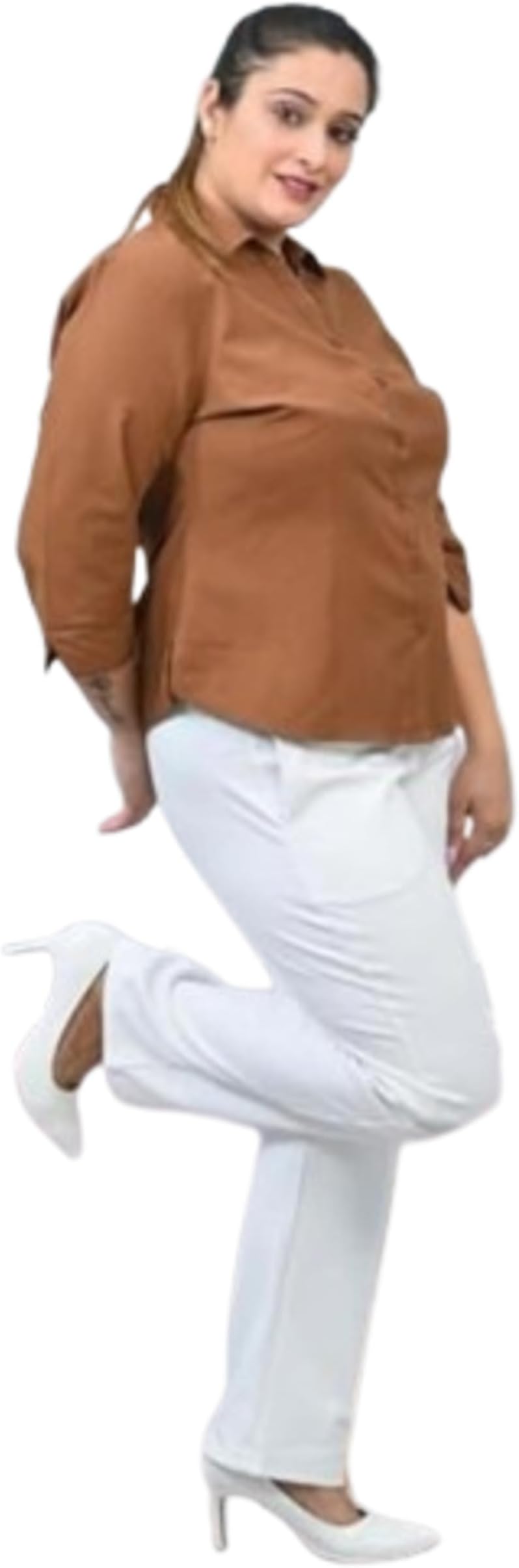 Mid-Waist Plus Size Women's Work Trousers, White