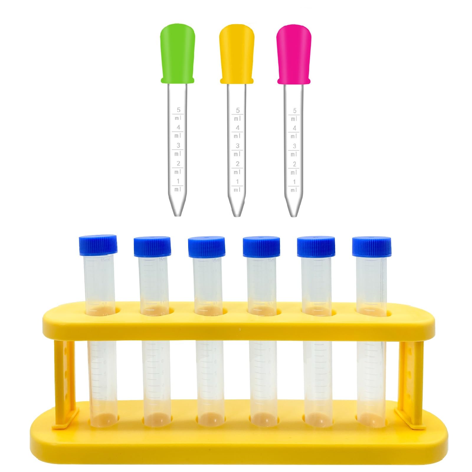 Kunststoff Pipette Kinder, Reagenzglas Schüsse mit Stand und Tropfen-Pipetten-Wassertropfen für Kinder Kreative Wissenschaft Experimente Spiel Wasser (Satz von 10-pcs)