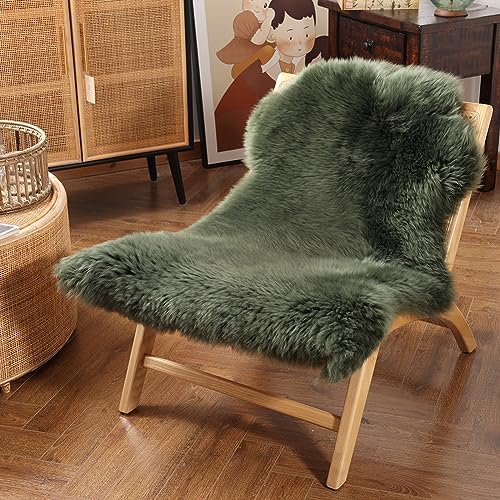 Premium Genuine Fur Sheepskin Rug Real Australia Sheepskin Natural Luxury Fluffy Lambskin Fur Area Rug Seat Covers for Kids Bedroom Sofa Chair Cover (Military Green, Single Pelt/2ft x 3ft)