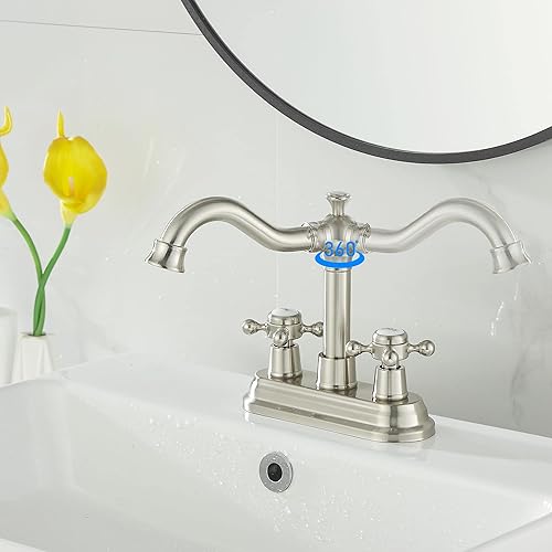 Miniatura 8 de GGStudy Grifo de baño de níquel cepillado con 2 asas de 4 pulgadas, juego central de tocador de baño RV con montaje de drenaje y manguera de