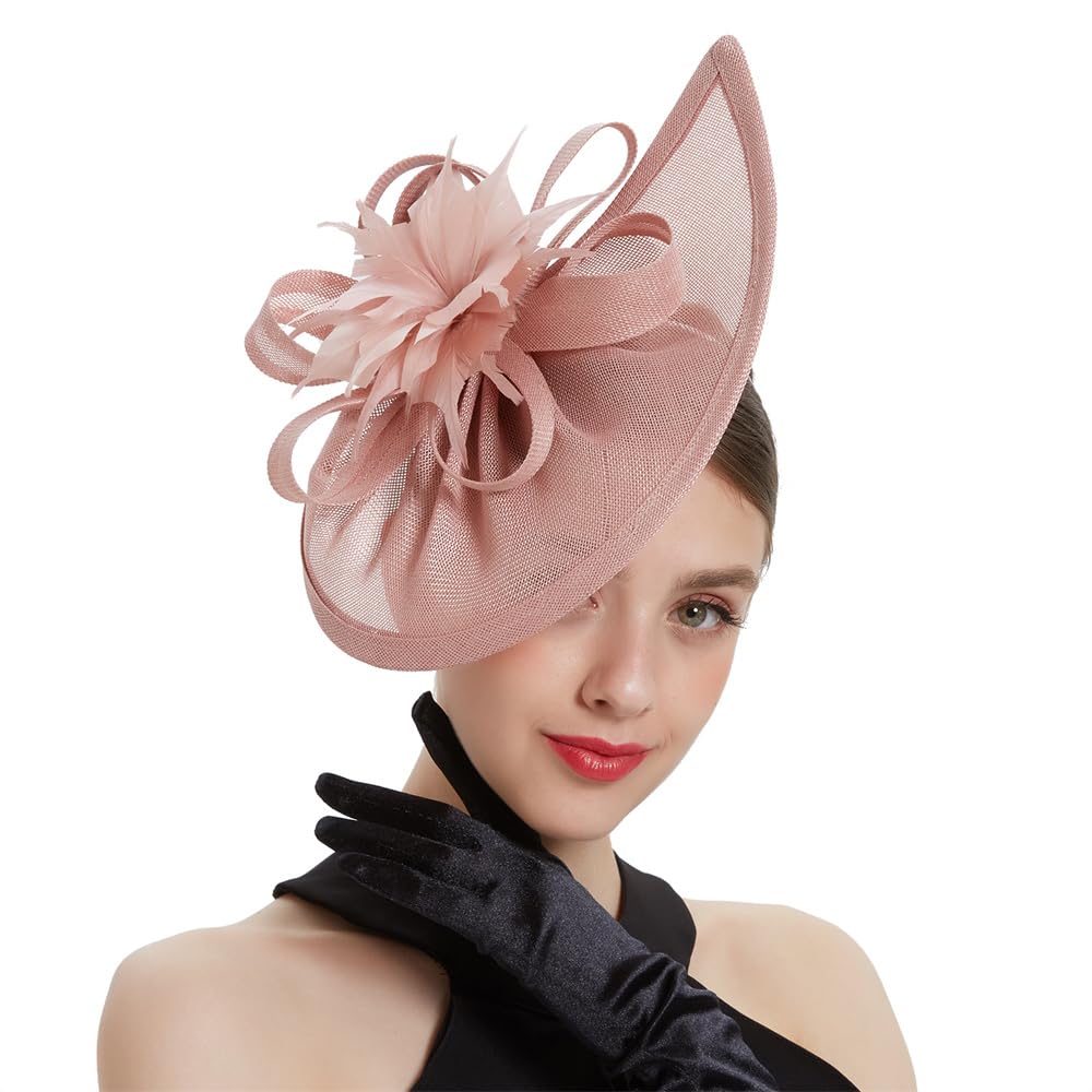 Brawlady Women's Pink Sinamay Fascinator Hat With Top Flower, Feather Pillbox Headwear, Tear Drop Shape Church Wedding Derby Cocktail Tea Party Headpiece