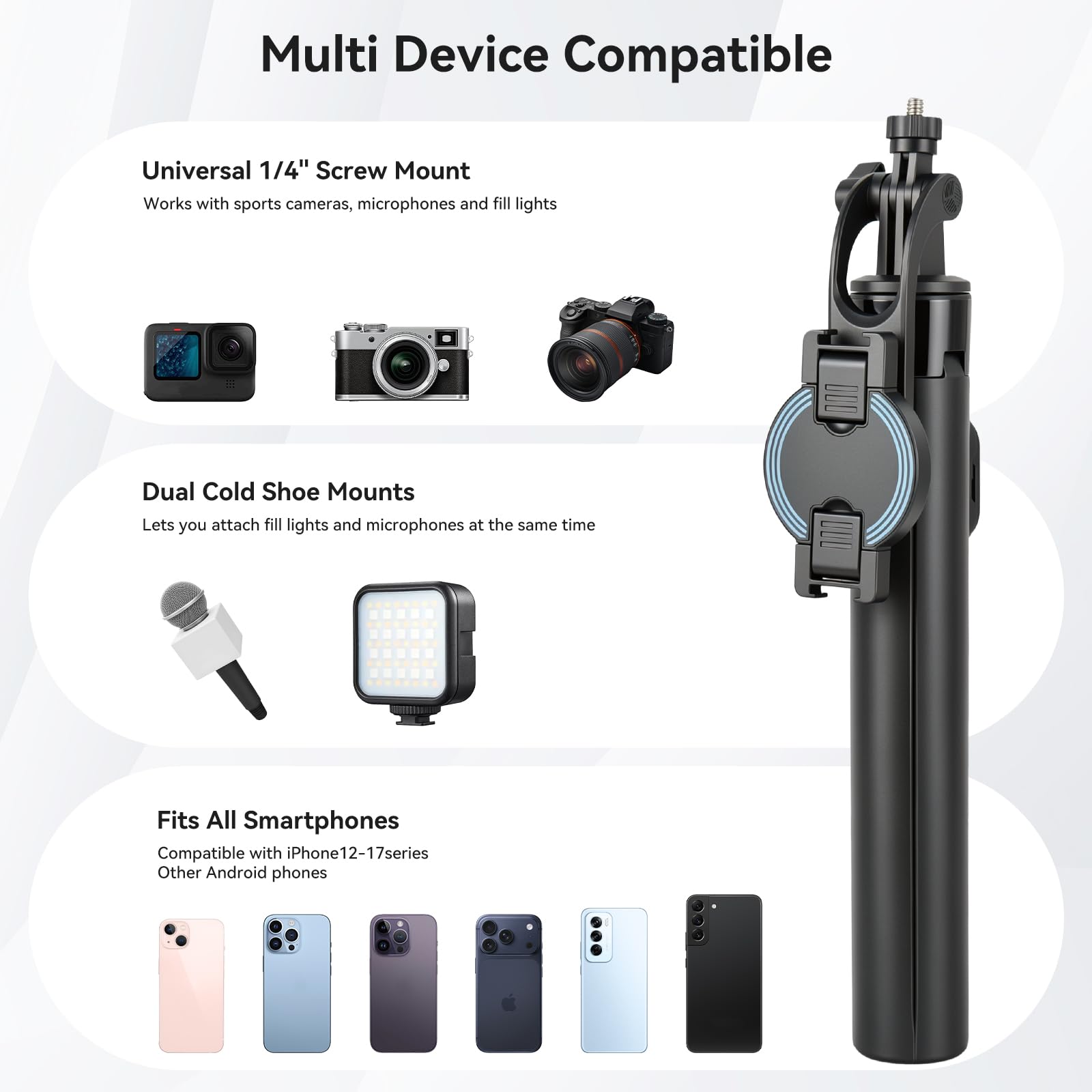 aceyoon Palo selfie extensible de 180 cm con base de 4 patas y clip magnético para teléfono