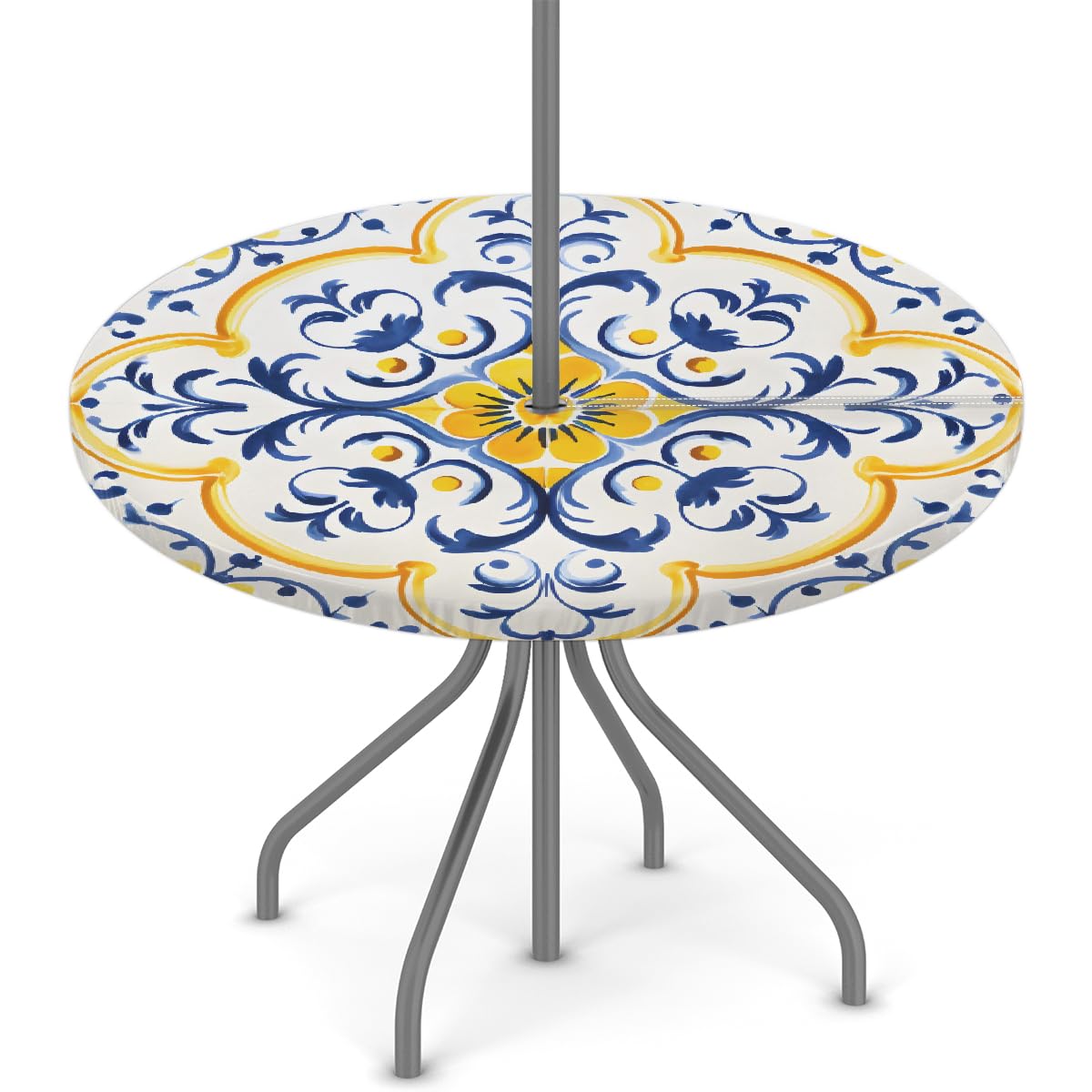 YPPAHHHH Vintage Morocco Flowers Round Outdoor Tablecloth with Umbrella Hole 45-56 inch Patio Table Cover Hidden Zipper Waterproof Elastic Fitte Table