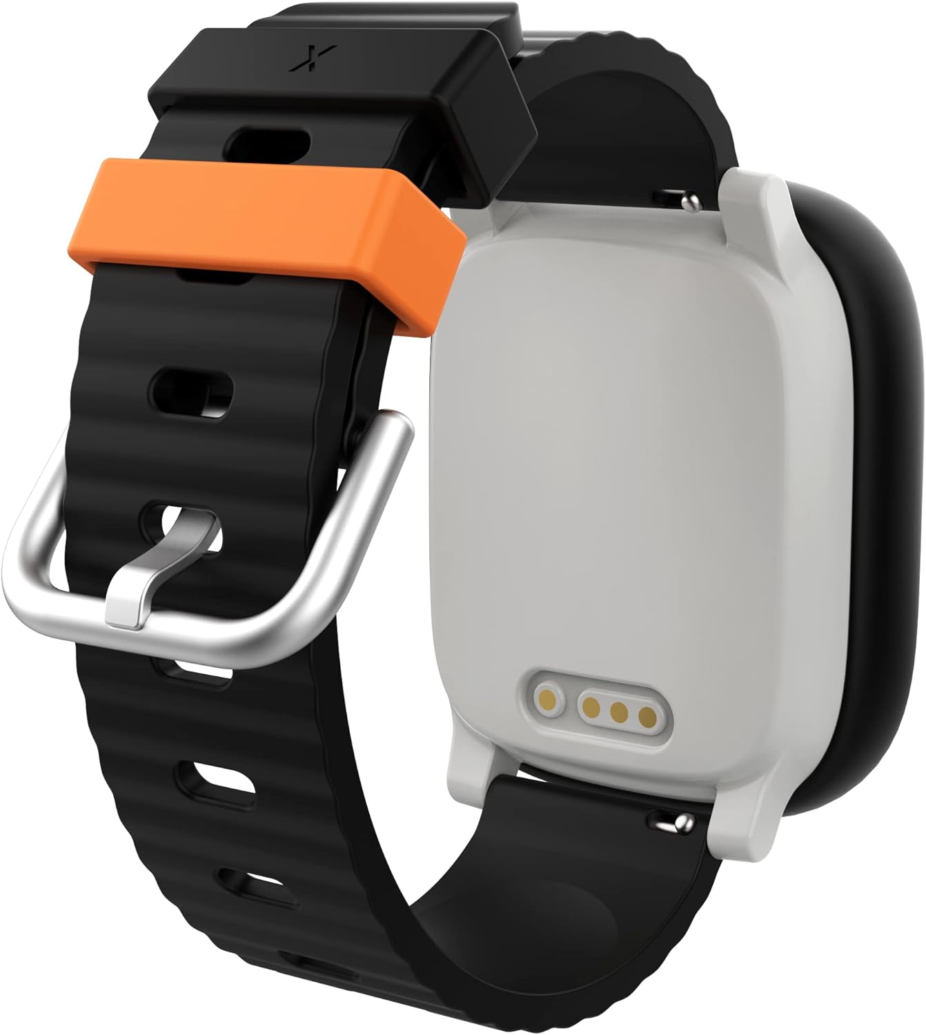 Back of the XPLORA X6 Play watch showing magnetic charging pins.