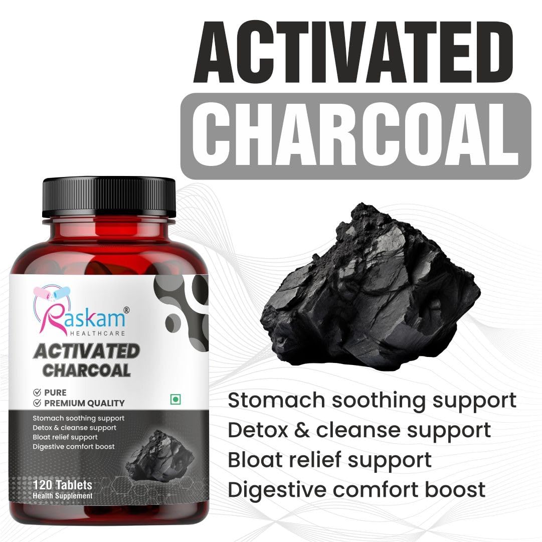 Raskam Activated Charcoal 600mg – Natural Detox & Digestive Cleanser | Supports Bloating Relief & Gas | 120 Vegan Tablets 2