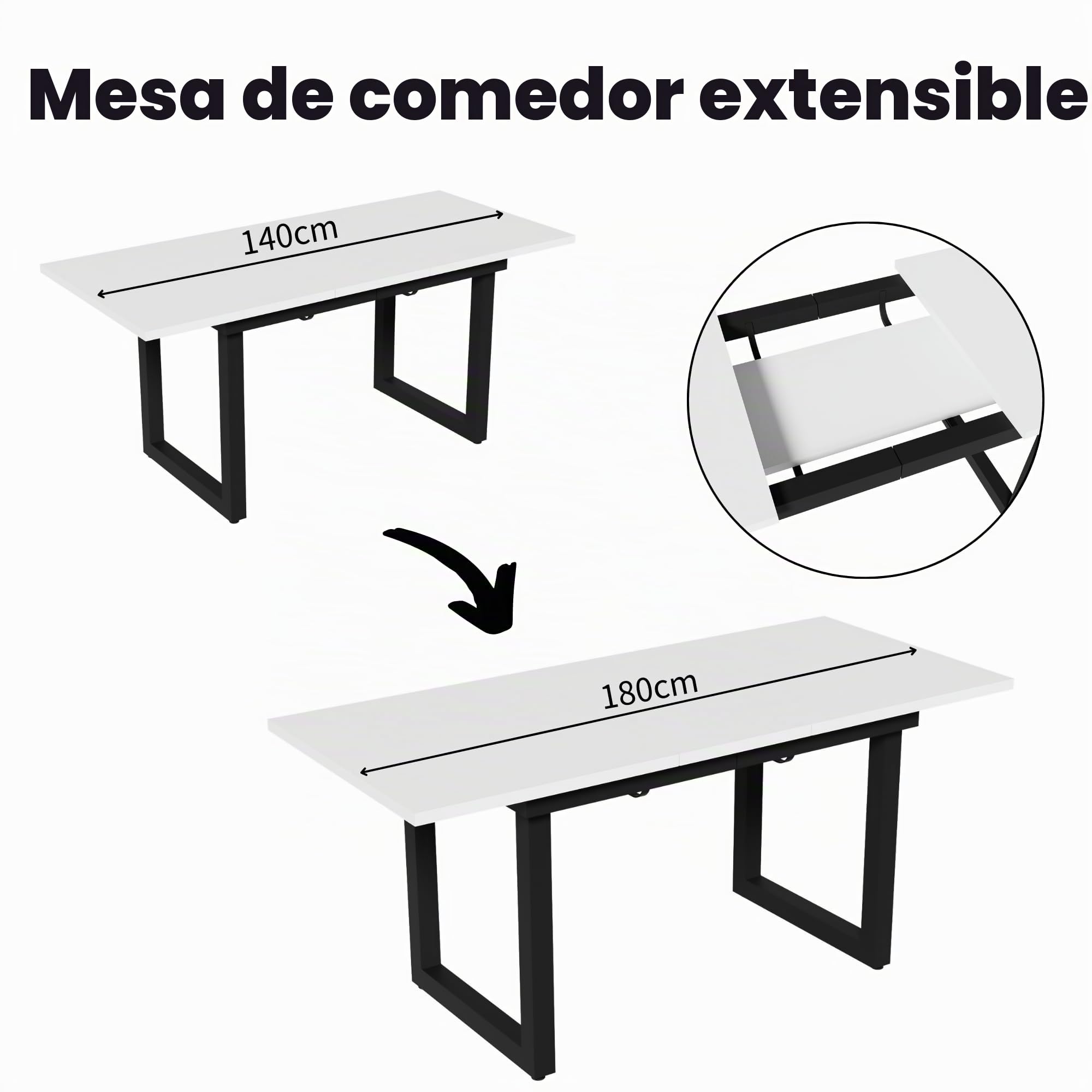 Merax Mesa de comedor extensible con patas de metal, rectangular, para salón y comedor, color blanco