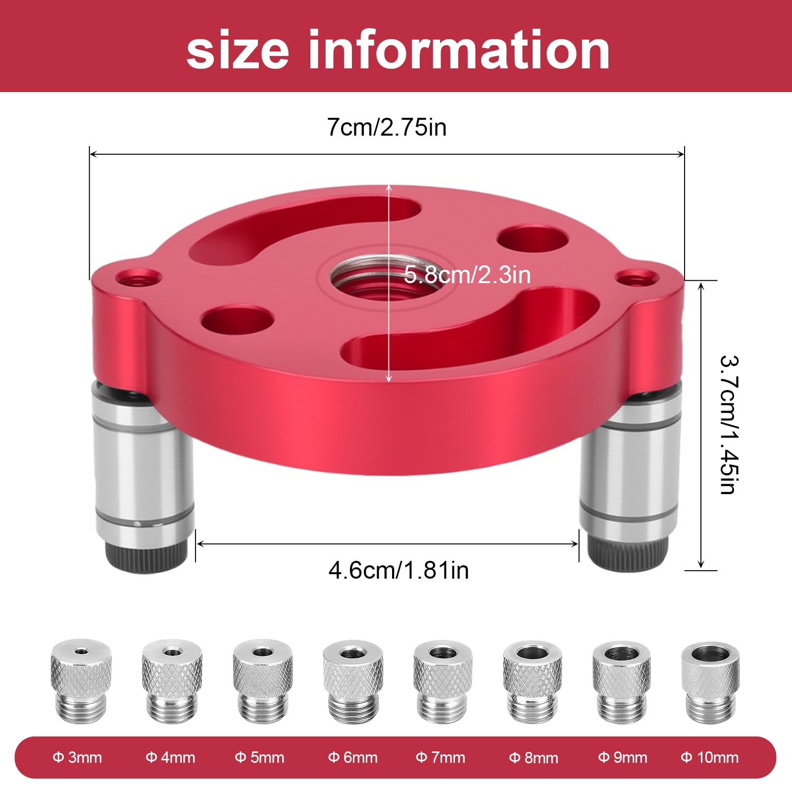 Kit di Ricerca del centro per la Lavorazione del legno, Autocentrante verticale con Bussole da 3/4/5/6/7/8/9/10 mm, Guida per trapano verticale per legno massiccio duro (rosso)