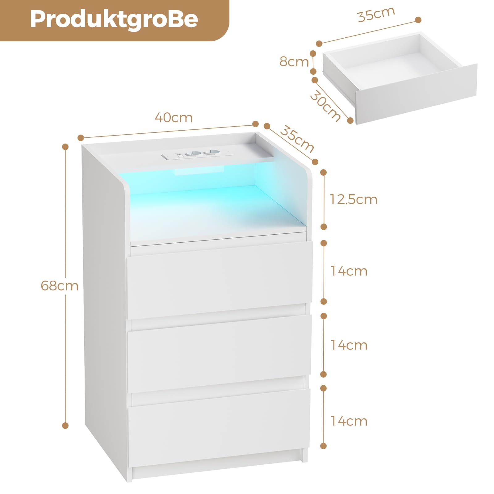 ANWBROAD Nachttisch mit Steckdose,Nachtschrank mit LED-Lichtleiste | 3 Schubladen und 1 Fach,Moderner Nachttische Beistelltisch,Sofatisch für Schlafzimmer,Wohnzimmer (2, Weiß) BNS014W