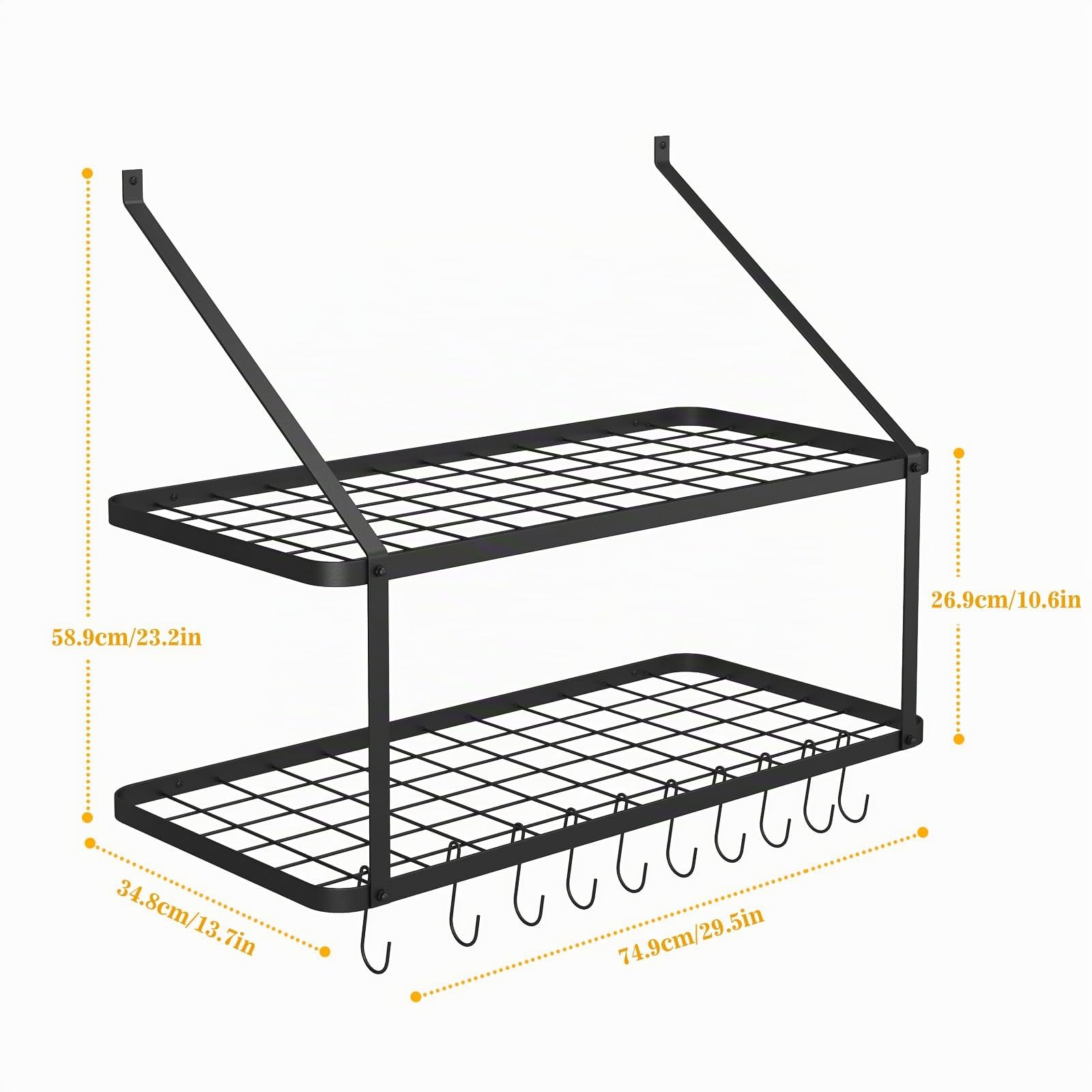 Warmiehomy Küchenregal Wand Pfannenhalter, Wandregal Küche mit 10 Haken, 2-Schicht Topf Pfannen Organizer, Gewürzregal Hängend, Wandmontage Küchenutensilienhalter Küchenablage (74,9x34,8x58,9 cm)