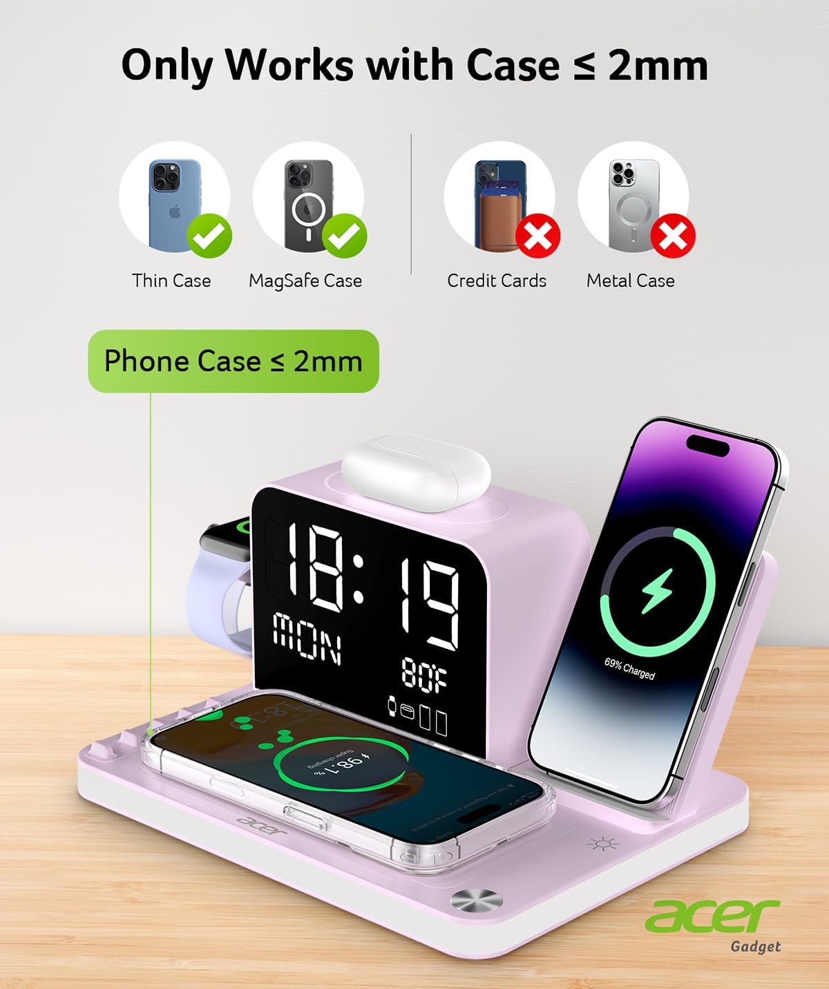 Acer 7-in-1 Wireless Charging Station with LED Clock - 30W Fast Wireless Charger for iPhone 16/15/14/13/12/Pro Max, Apple Watch, AirPods - Bluetooth Auto Time Sync & Night Lights (Purple) 9 61iKVbZ18LL. AC SL1431