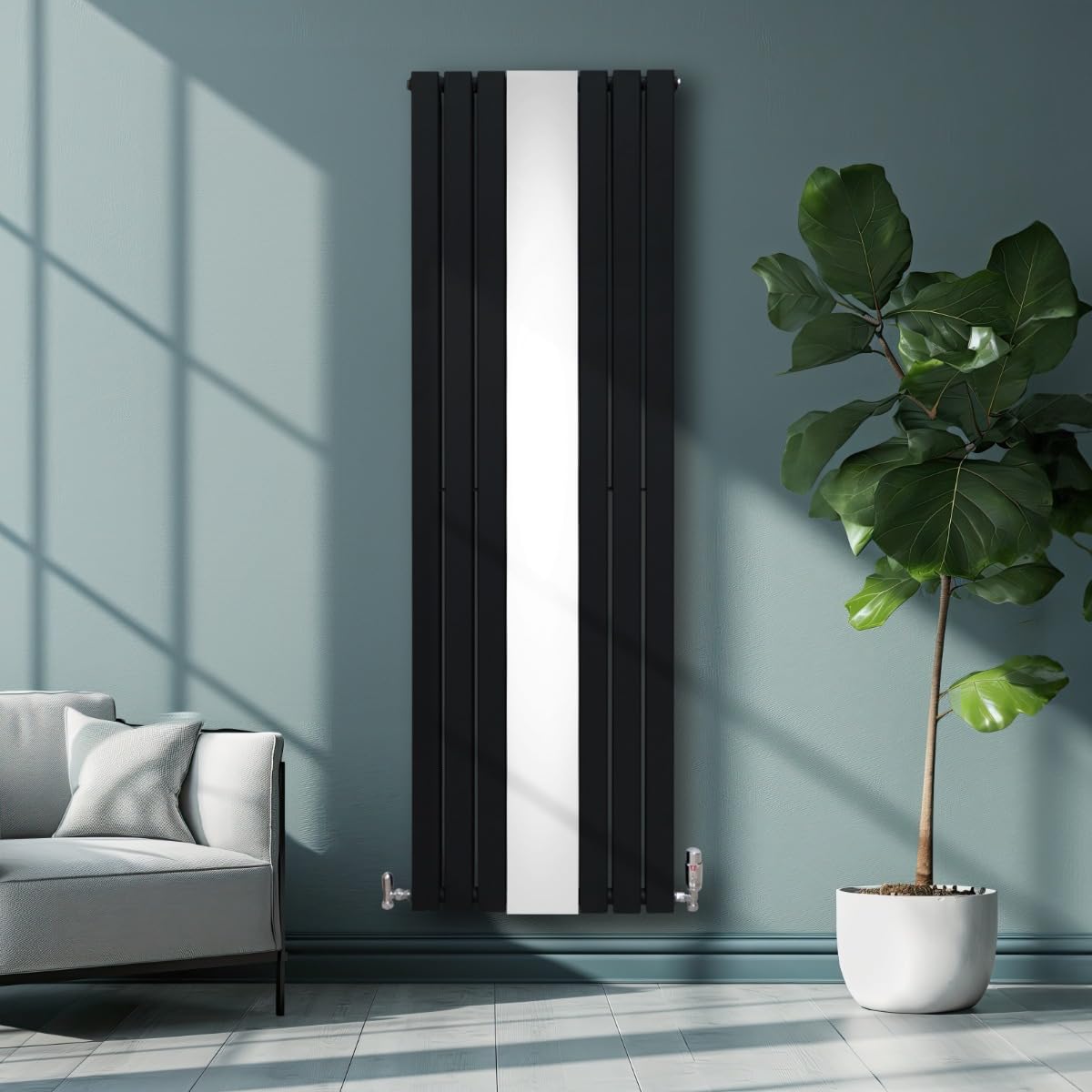 Radiatore con specchio 1800mm x 565mm e valvole TRV cromate Radiatore di design a doppia colonna verticale in acciaio al carbonio Nero Kit di fissaggio e staffe con spazzola di pulizia