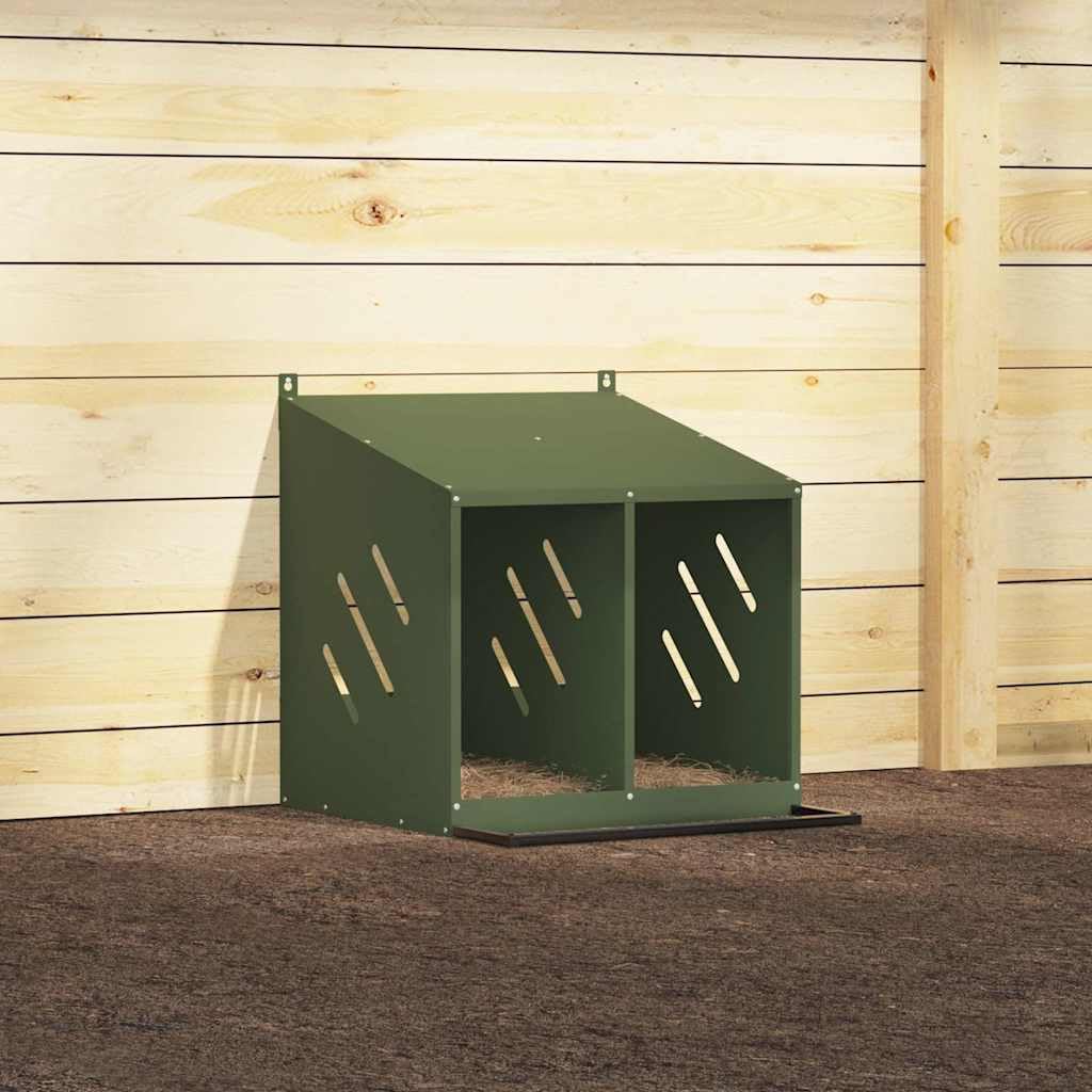 Brokky 864347 Nido per Polli con 2 Scomparti in Metallo Verde Oliva Nido per Galline Ovaiole,Ideale Pollaio Interno ed Esterno Tetto Spiovente
