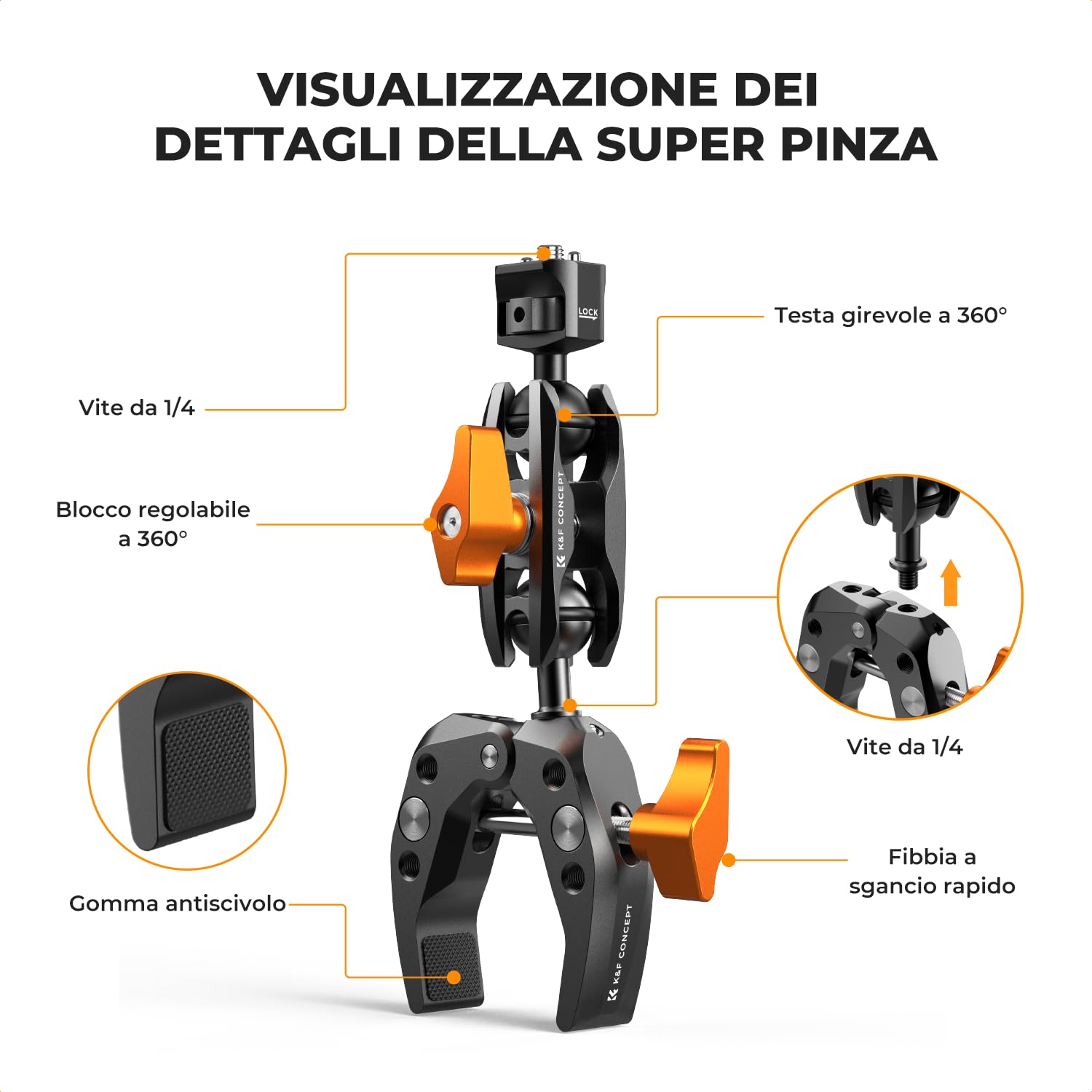 K&F CONCEPT Braccio Magico con Super Clamp, Super morsetto con braccio a sfera a 360°, supporto per Fotocamera, Smartphone, Action Camera, Flash, DSLR, Stabilizzator- MS13
