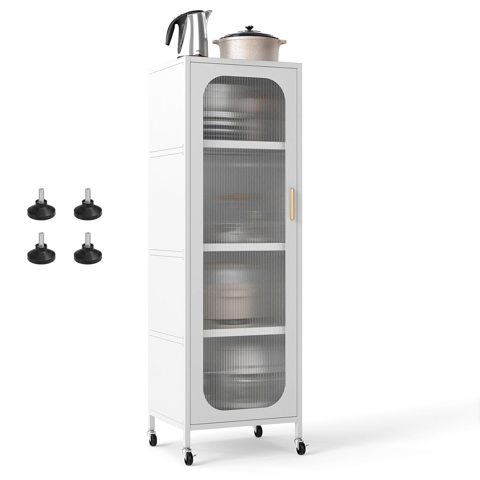 KOMFOTTEU Armadietto da cucina con ruote, a 5 ripiani, con ripiani regolabili, alto con anta trasparente, multiuso, per sala da pranzo, soggiorno, 45 x 40 x 141 cm (bianco)