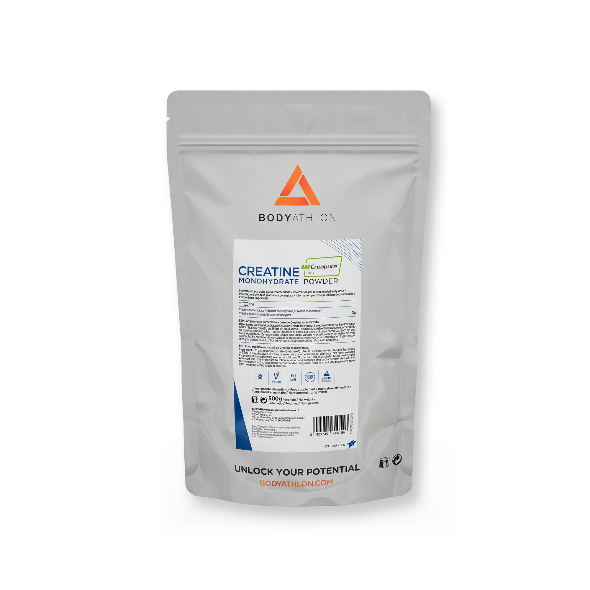 500g Creatina Creapure Polvere|Creatina Monoidrata Per Allenamento| Aumenta massa muscolare, forza e resistenza| Creatine Senza Glutine Fine, Solubile|+Dosatore, Vegan|Creatine Monohydrate|Bodyathlon