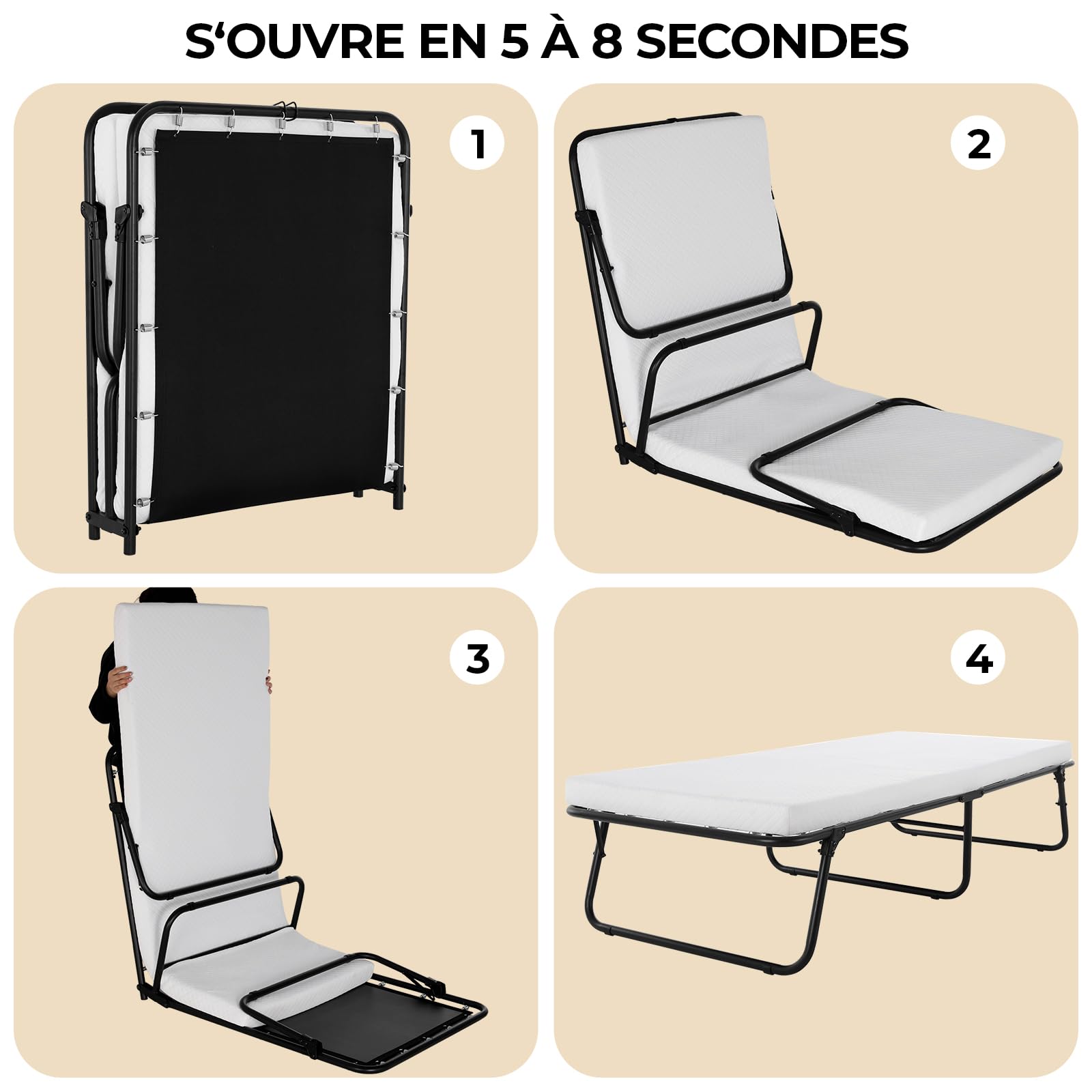 MAMIZO Lit Pliant 1 Personne 80 x 190 cm, Lit Pliable Adulte Portable | avec Matelas en Mousse Mémoire de 7cm,Lit d'Appoint Pliable,Lit Invité,Déplier et Utiliser,pour Bureau,Camping,Voyage,Hôpital
