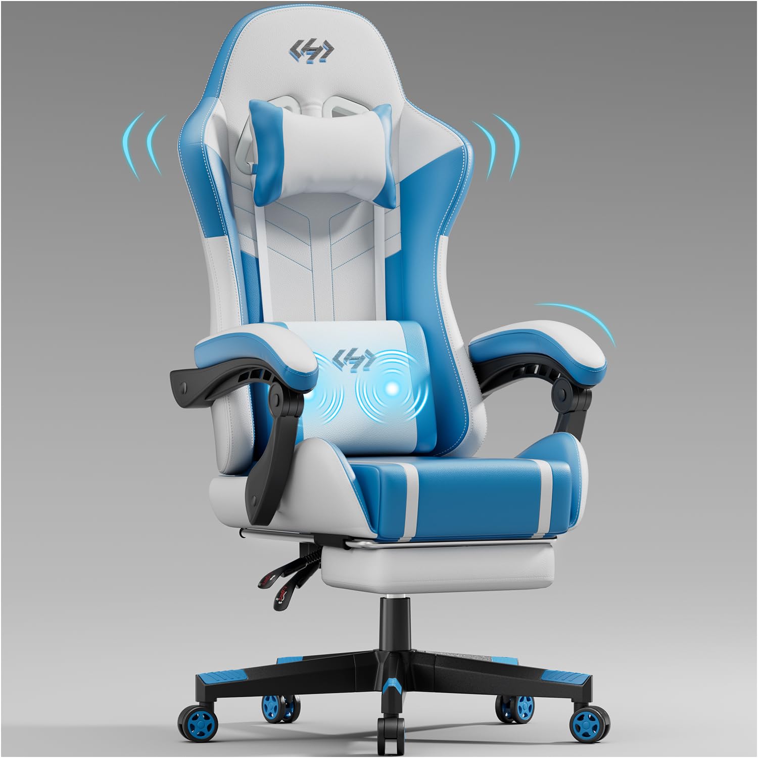 Silla Gaming con Masajeador, Silla Gamer Ergonómica con Cojín Lumbar Masajeador y Reposapiés, Sillón Gamer Altura Ajustable, Cadeira Gaming Blanco y Azul