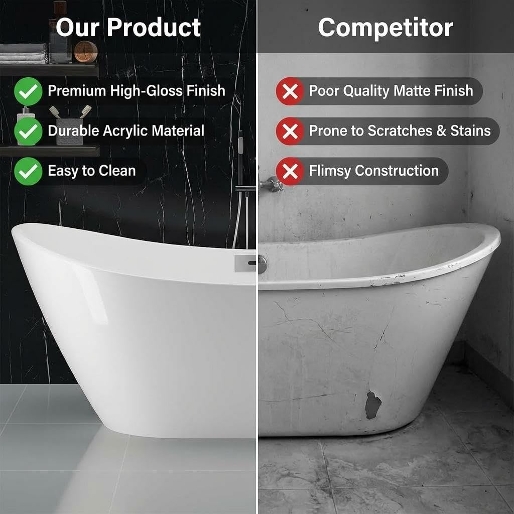 67" Acrylic Freestanding Bathtub, Modern Deep Soaking Tub, cUPC Certified Free Standing Tub, Chrome Drain/Overflow, White Acrylic, Sky White - Image 6