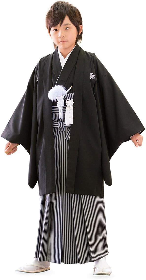 [京のみやび] ジュニア男の子 黒紋付袴セット ショート丈着物 卒業式 十歳の祝い