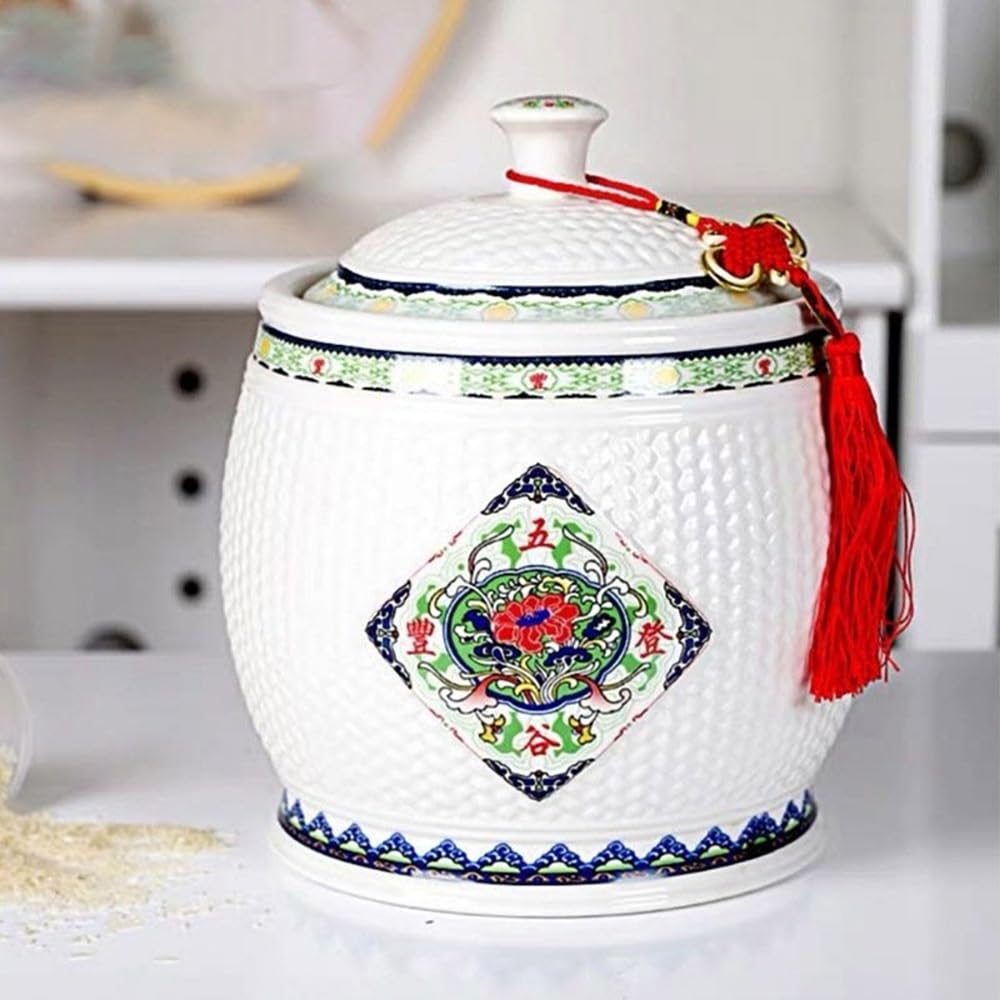 SXYHCK Chinese Sealed Ceramic Rice Pot Ceramic Rice Bucket With Lid, Grain Storage Container Porcelain Food Dispenser For Snacks Candy Coffee Beans(Style F,10kg/22lbs)