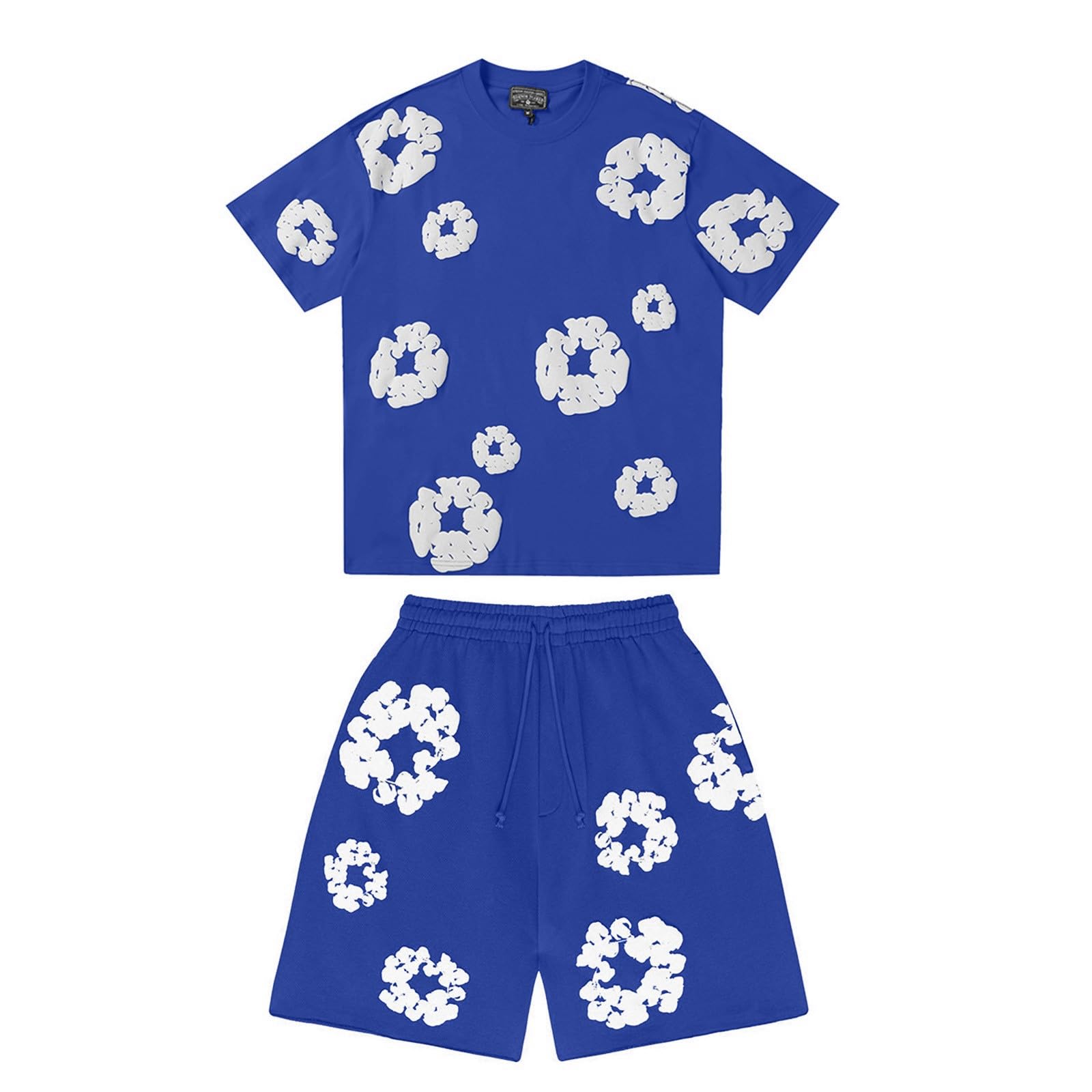 Herren T-Shirt und Shorts Set 2 Teiliges Sommer Trainingsanzug Jogginganzug Y2K Hip Hop Streetwear Kurzarm T-Shirts und Kurze Hose, Zweiteiler Herren Damen Blumen Motiv Outfits Sportanzug Blau XL