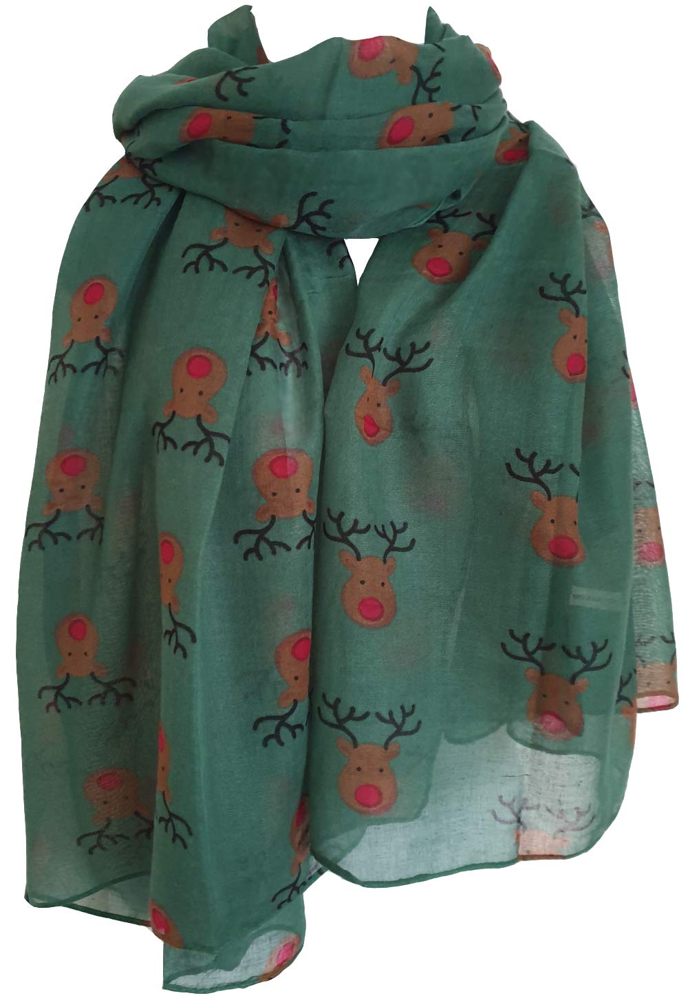 Glamlondon Women's Green Red Nose Reindeer Christmas Print Scarf Rudolph Scarves Festive Winter Gift (Green)