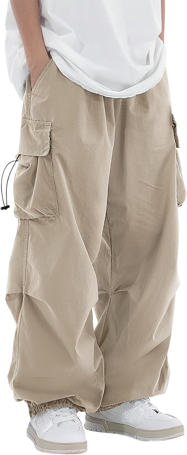 PLEPAN Mens Baggy Cargo Pants Loose Fit Casual Parachute Pants Elastic Waist Drawstring Streetwear Joggers Sweatpants