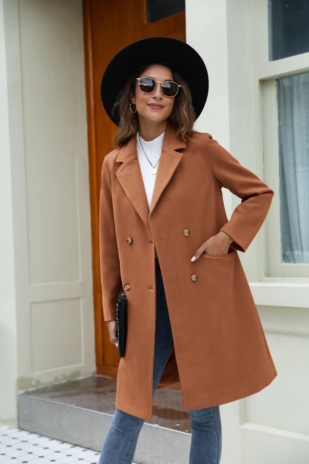 Cicy Bell Damen Mantel mit gekerbtem Reverskragen, zweireihig, Erbsenmantel, Wintermantel, Wollmischung, lange Jacken