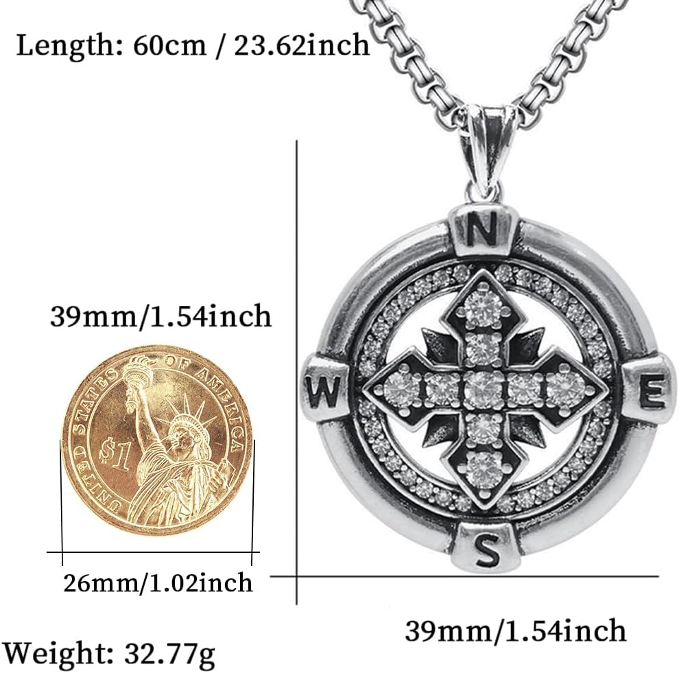 Compass Necklace for Men Pendants Chain zircon brass Gothic Retro Vintage north star style Jewelry With gift box