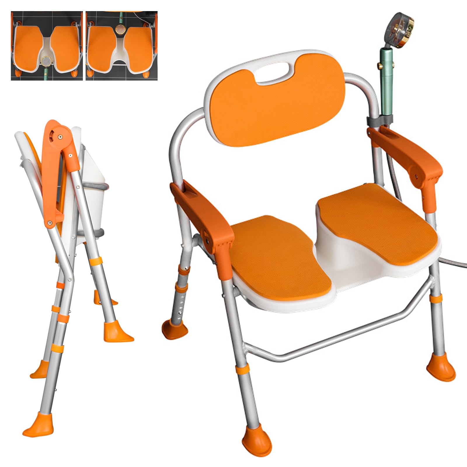 Silla de Ducha Plegable, Silla de Ducha Asiento de Ducha Resistente con Reposabrazos y Respaldo, Asiento de Ducha Antideslizante Altura Ajustable, Silla Baño Ancianos Ducha, Carga 180 kg