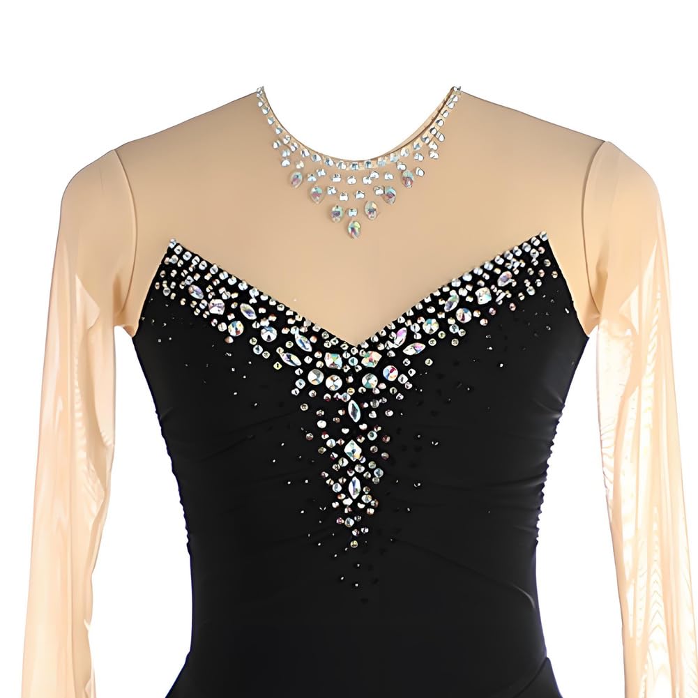 Eiskunstlaufkleider Damen Mädchen Eislaufkleid Blau Langarm Gymnastik Wettbewerb Performance Kostüm für Rollentanz Rock Ballett Kleid