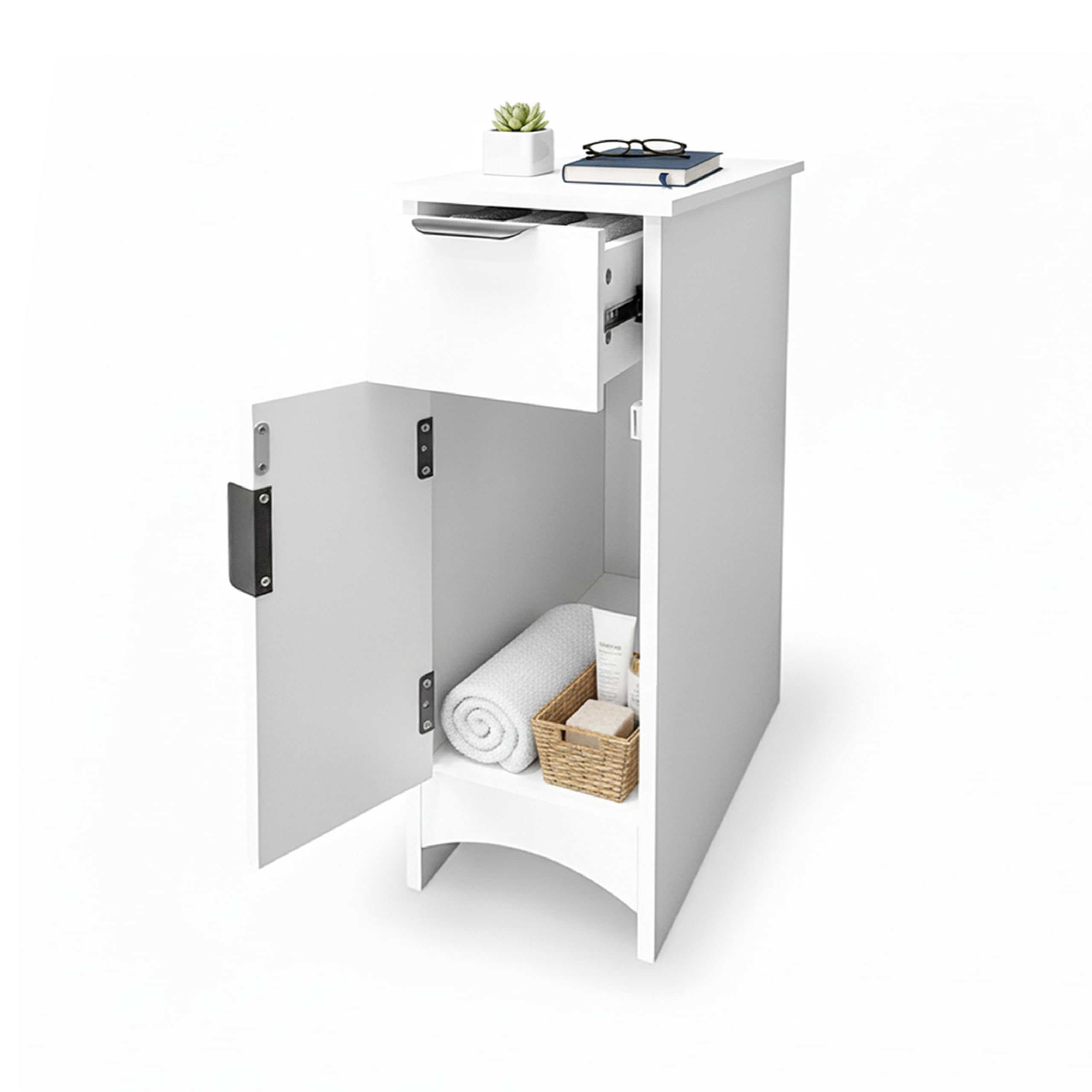 Baroni Home Colonna Bagno Salvaspazio, Mobile Alto con Ripiani Aperti e Ante, Armadietto Multiuso, Colonnina Moderna per Bagno, Cucina e Camera da Letto, 21x46x62 cm 1 Anta 1 Cassetto Bianco