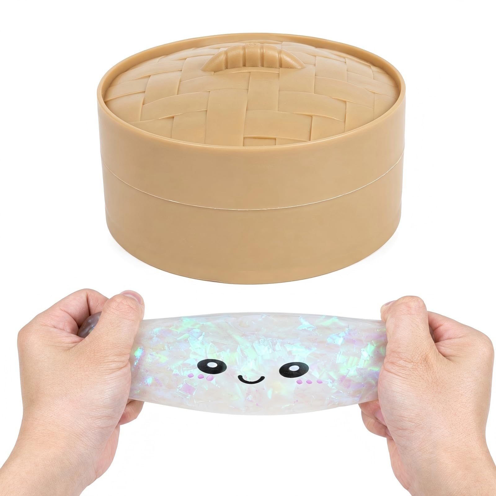 Glitter Bao Bun Squishy Toy with Steamer Basket, Dumpling Fidget Toy
