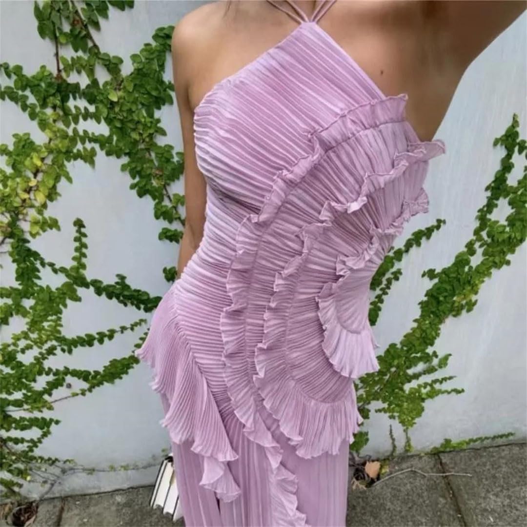 Women Ruffle Pleated Sleeveless Irregular Tiered Chiffon Wedding Guest Long Dress