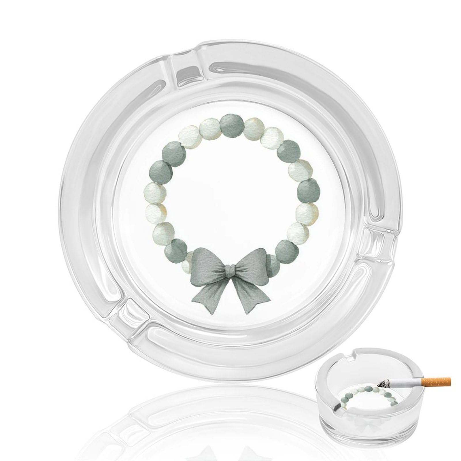 Circular Garland with A Large Green Bow Glass Ashtray for Cigarettes Portable Decorative Ash Trays for Home Office Decor
