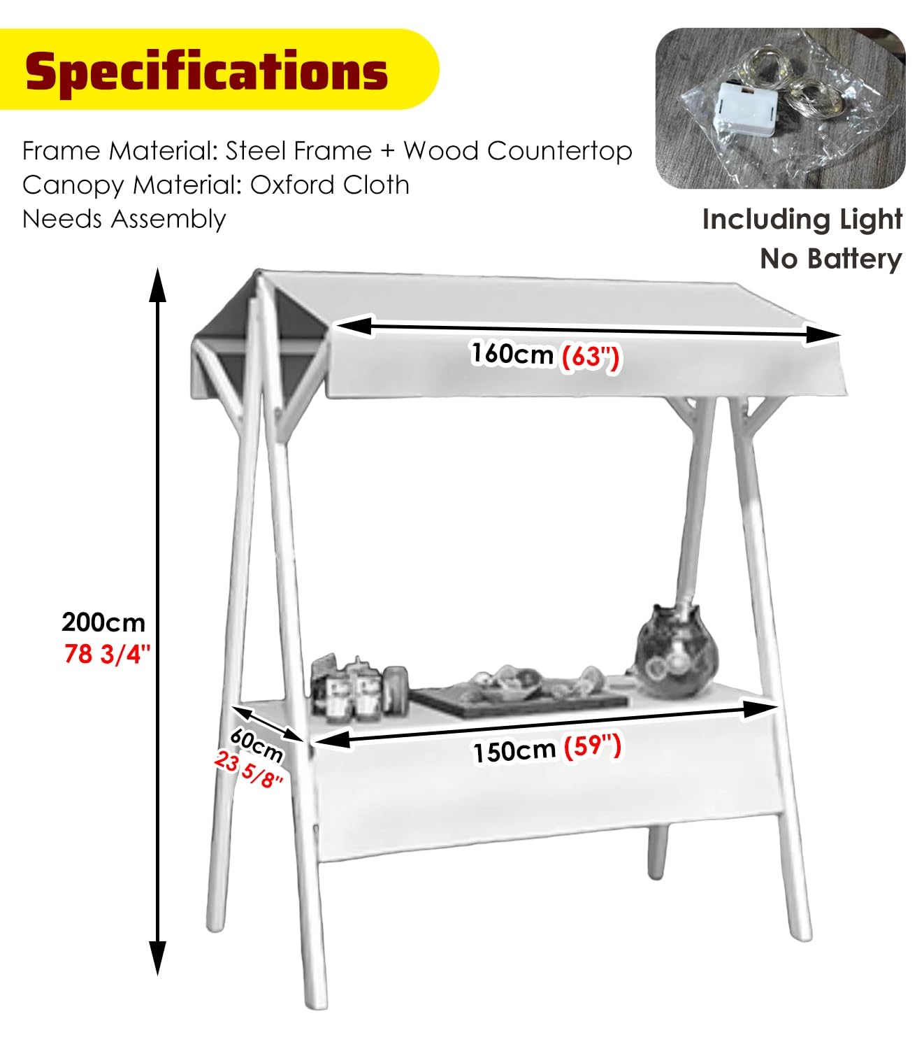 Puesto de Venta Plegable Carritos Móviles Blancos para Vendedores Ambulantes de Comida, Carrito Portátil con Ruedas para Dulces, Ideal para Fiestas y Festivales, Expositor(Width 150cm(59"))