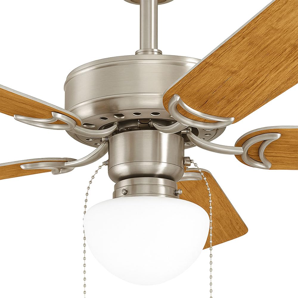 EGLO Deckenventilator CADIZ, 5 Flügel Ventilator mit Licht, Zugkette, Wendeflügel aus MDF in Silber oder Eiche, Gehäuse aus Stahl in Nickel-Matt, Sommer Winter Betrieb, AC Motor, Ø 106,6cm