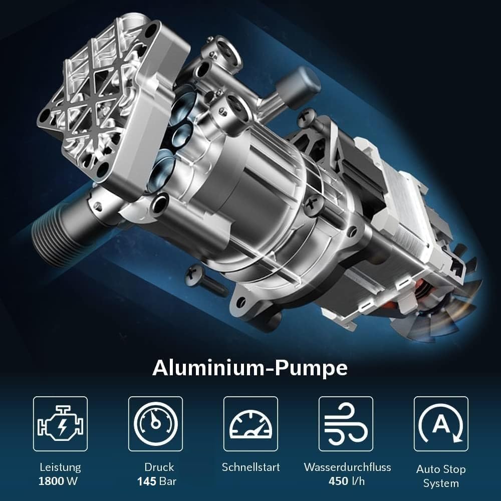 Lehmann Hudson Hidrolimpiadora de Alta Presion, 1800 W, Presión Máxima 220 Bar, Capacidad de Extracción de 450 l/h, Juego de Accesorios - Cepillo para Patios, Lanza Espumante, Cepillo para Llantas