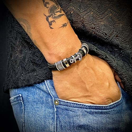 Image of THE MEN THING Leather Bracelet for Men - American Style Genuine Leather Multi-Layer Braided Bracelet with 100% Stainless Steel Magnetic Buckle for Men & Boys (8 inch)