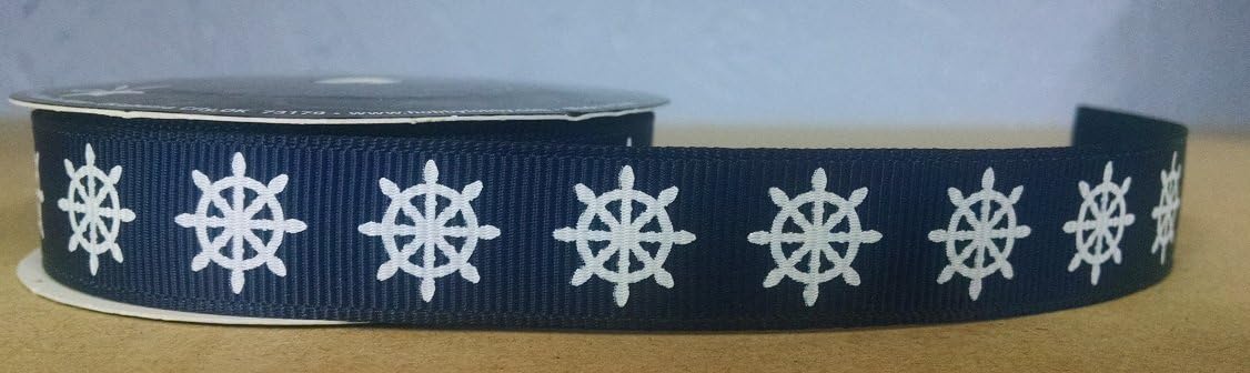Nautical Ship Wheel Navy Blue/White Grosgrain Ribbon - 4 Yards