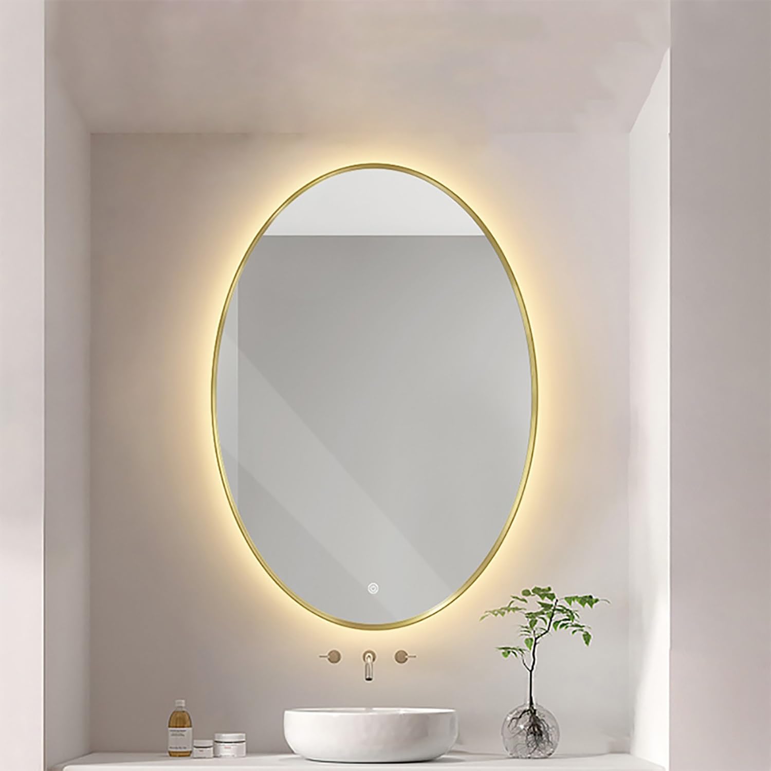 FGXHHS 32"x24" Oval Lighted Mirror for Bathroom Anti-Fog LED Makeup Wall 3 Color Dimmable Touch Control Decorative Gold Frame Shatter-Proof(Backlit,70x90cm/28 x36)