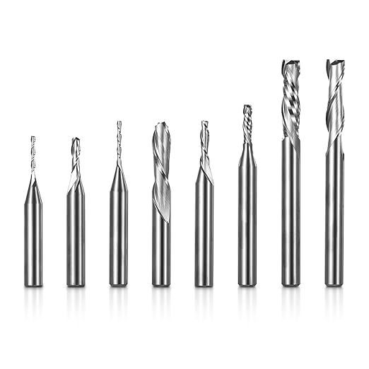 SainSmart Genmitsu 8pcs End Mills CNC Router Bits Set, 1/4" Shank Tungsten Steel CNC Cutter for Milling Machine with Nano Blue Coating, Tool for Aluminum, Metal, Plastic, MDF & Wood, MSBC08