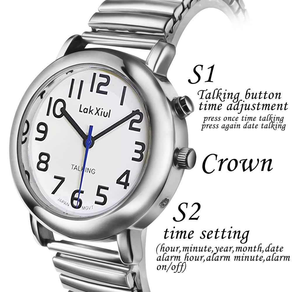 Reloj de pulsera analógico unisex para personas mayores y ciegas con discapacidad visual, reloj de pulsera analógico de voz con reloj despertador y fecha