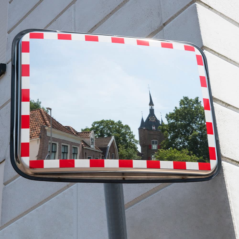 Edelstahl-Verkehrsspiegel mit Kunststoffrahmen, rot/weiß, rechteckig, 80 x 60 cm aus Stahl, Kunststoff, Art.-Nr. 41051 | Sicherheitsspiegel | Straßenspiegel