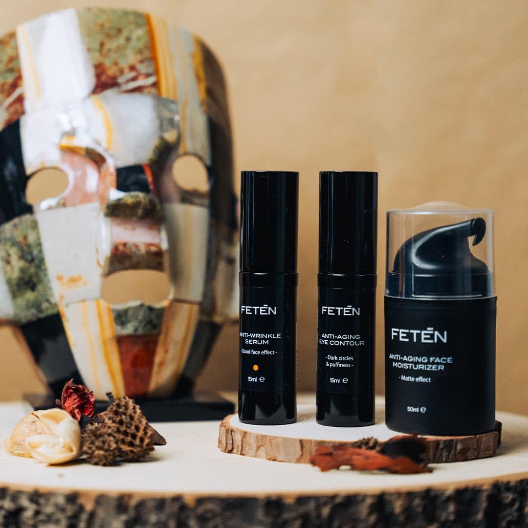 FETEN Skincare Cofanetto Regalo Uomo - Set Antietà Idratante con Crema Viso Antirughe, Contorno Occhi Antiocchiaie e Siero Vitamina C - Kit Cosmetica e Cura della Pelle Uomo